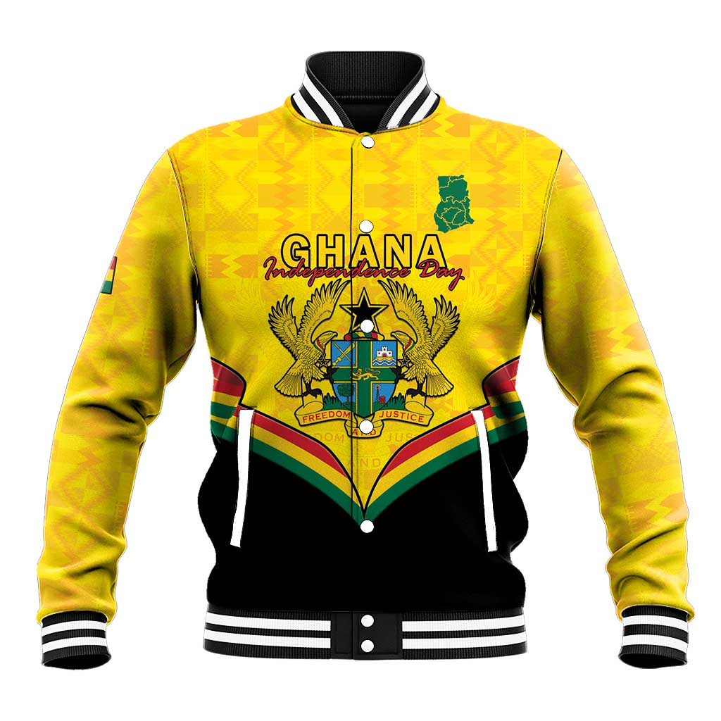 Yellow baseball jacket with black bottom, ribbed collar, and Ghana crest front graphic