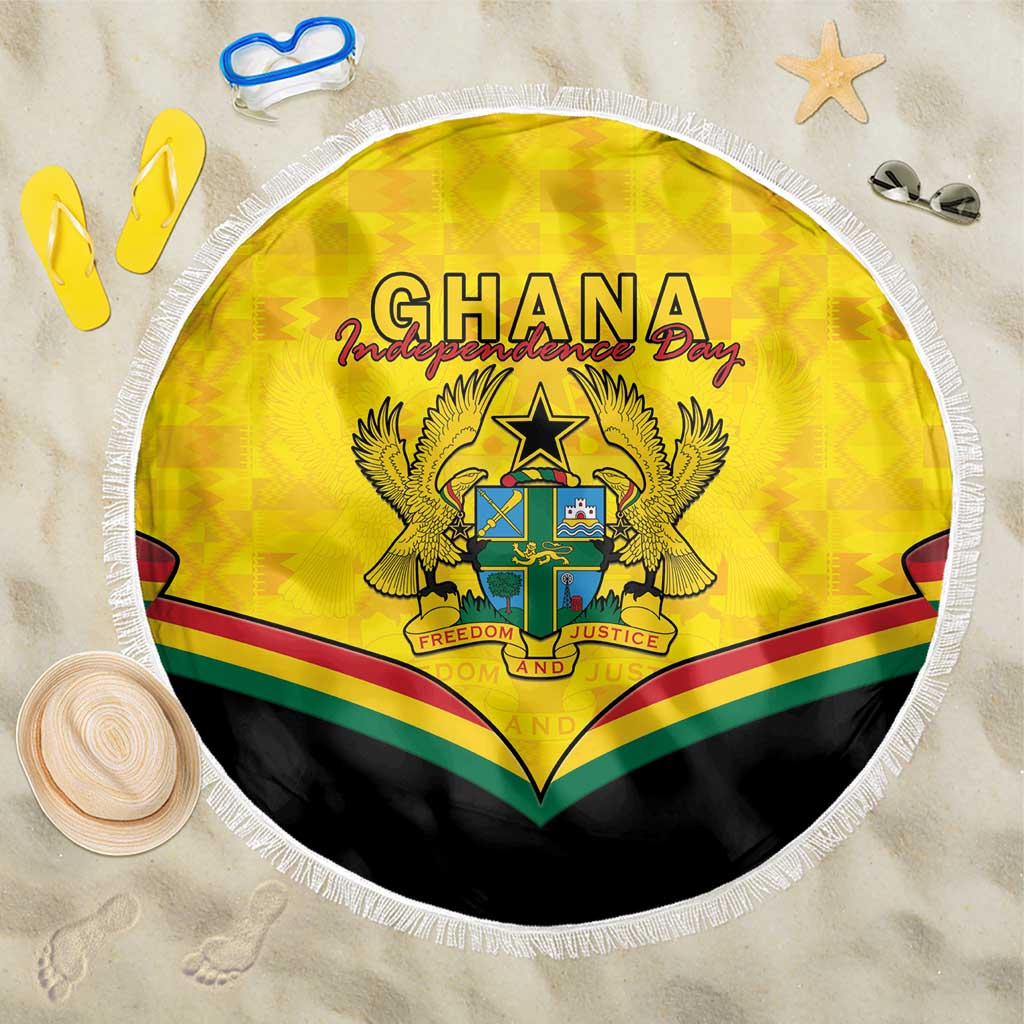 Yellow round beach blanket with Ghana Independence Day crest, kente pattern, white fringe