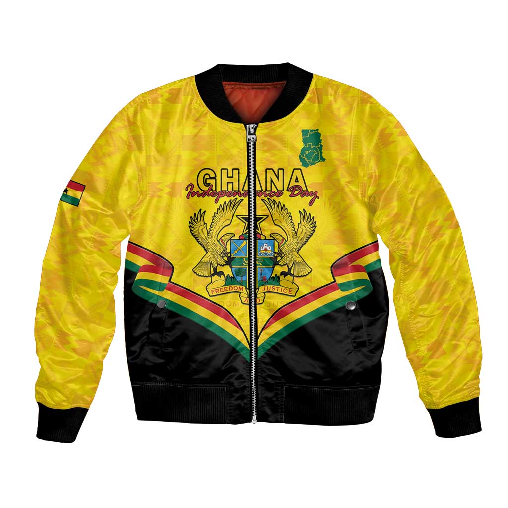 Yellow bomber jacket with black trim, front zipper, Ghana crest and Kente pattern