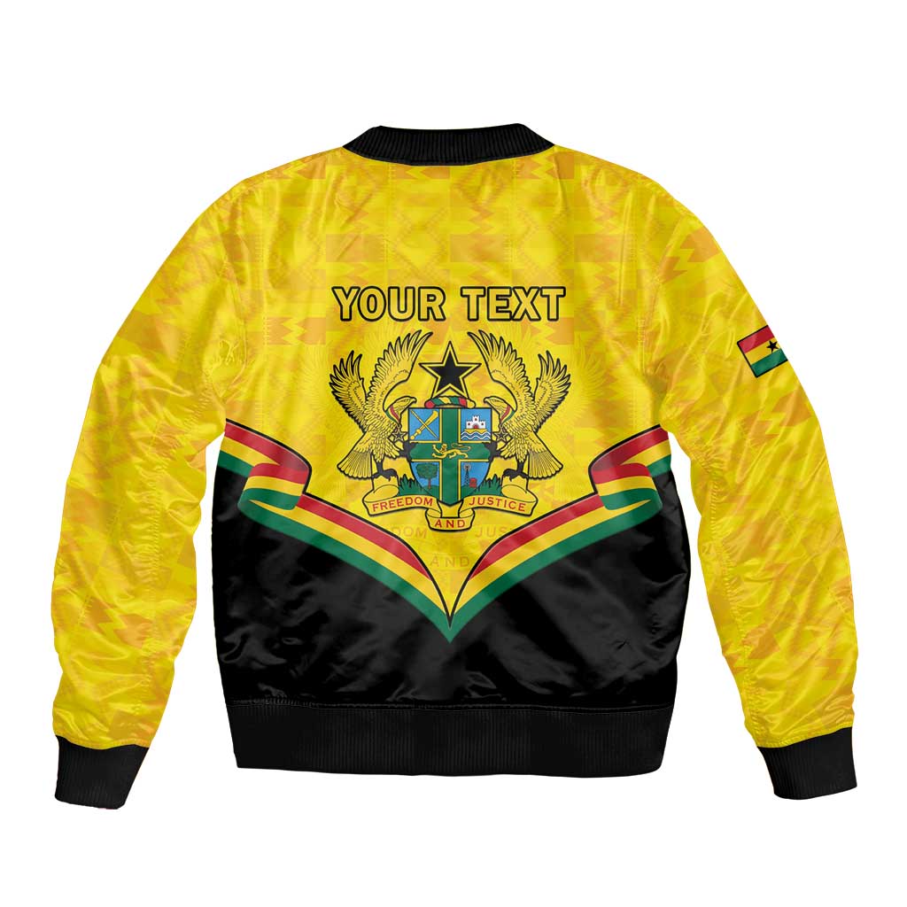 Yellow bomber jacket with black back panel, crest, two flags, 'YOUR TEXT' print
