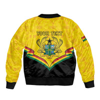Yellow bomber jacket with black back panel, crest, two flags, 'YOUR TEXT' print