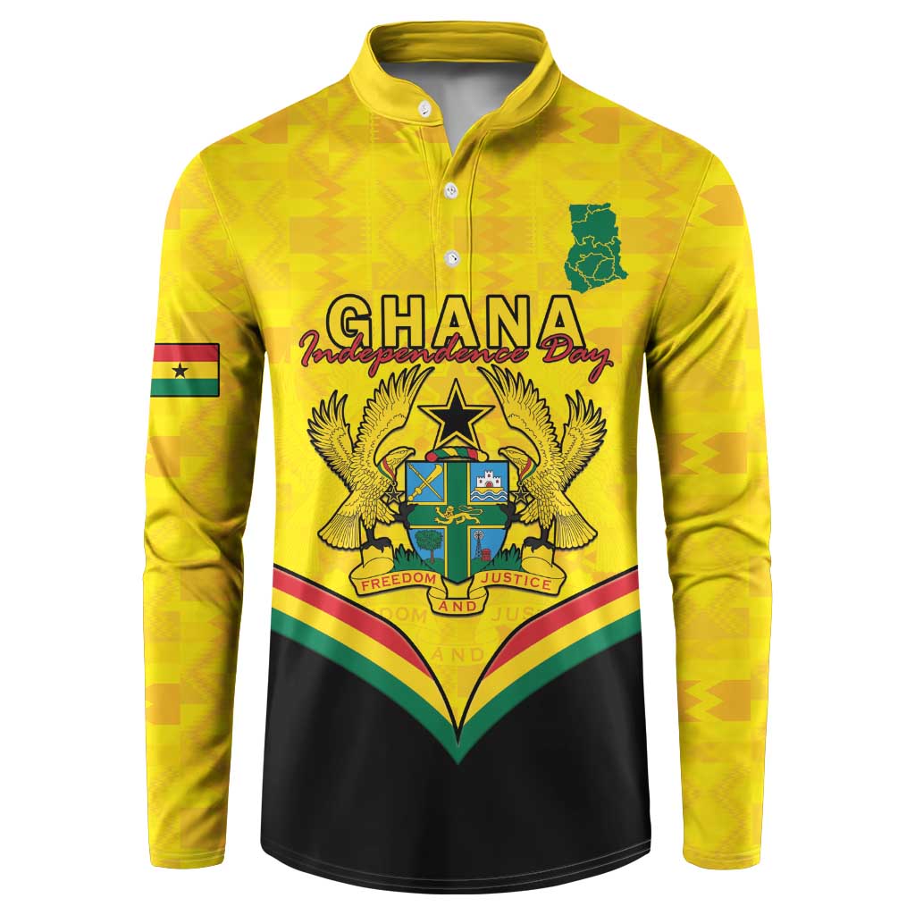 Yellow button henley sweatshirt with Ghana coat of arms and Independence Day graphic