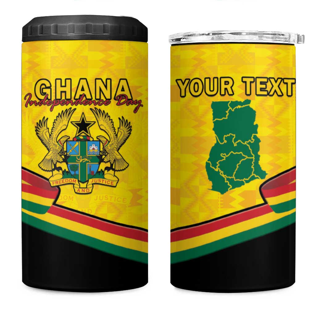 Personalised Ghana Independence Day 4 in 1 Can Cooler Tumbler Coat Of Arms With Kente Pattern