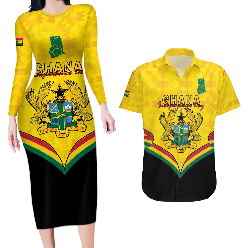 Personalised Ghana Independence Day Couples Matching Long Sleeve Bodycon Dress and Hawaiian Shirt Coat Of Arms With Kente Pattern