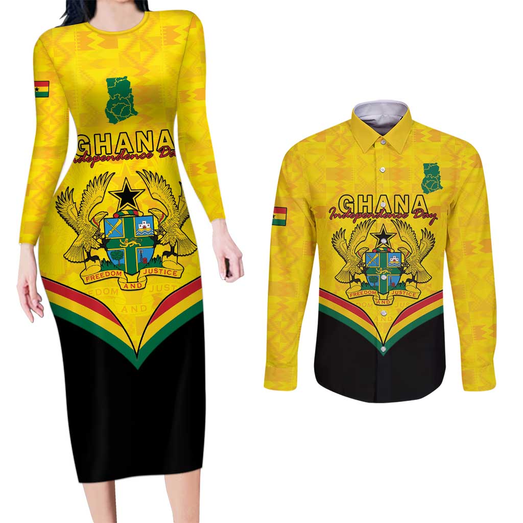 Personalised Ghana Independence Day Couples Matching Long Sleeve Bodycon Dress and Long Sleeve Button Shirt Coat Of Arms With Kente Pattern