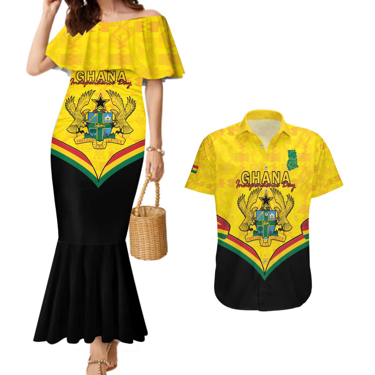 Personalised Ghana Independence Day Couples Matching Mermaid Dress and Hawaiian Shirt Coat Of Arms With Kente Pattern