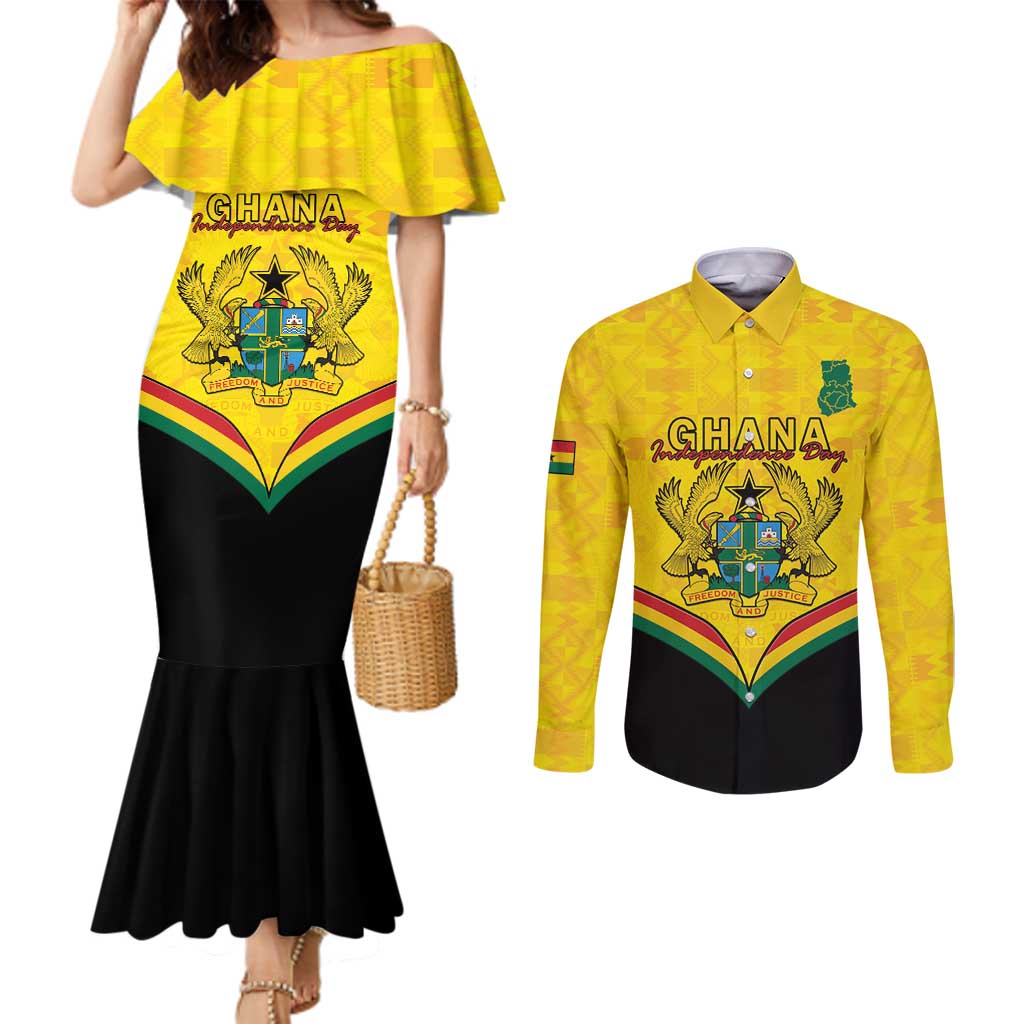 Personalised Ghana Independence Day Couples Matching Mermaid Dress and Long Sleeve Button Shirt Coat Of Arms With Kente Pattern