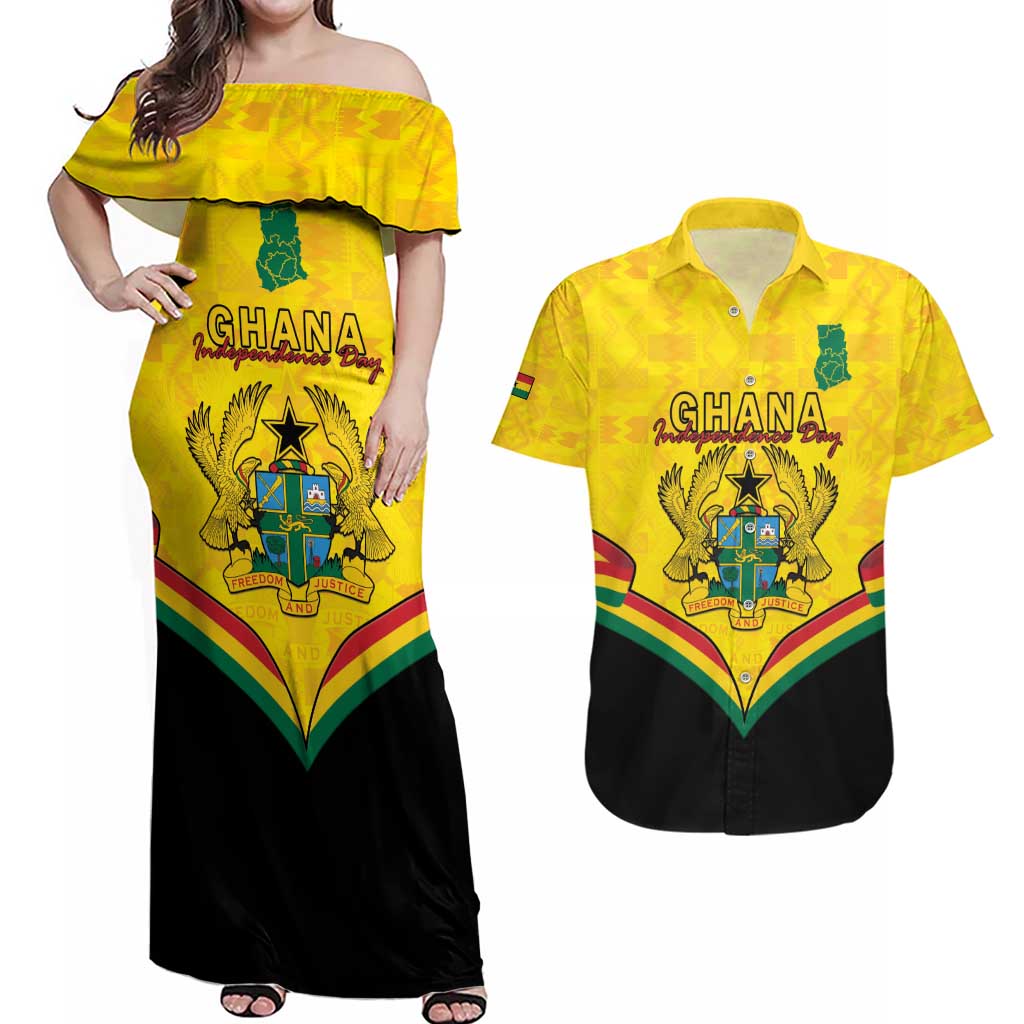 Personalised Ghana Independence Day Couples Matching Off Shoulder Maxi Dress and Hawaiian Shirt Coat Of Arms With Kente Pattern