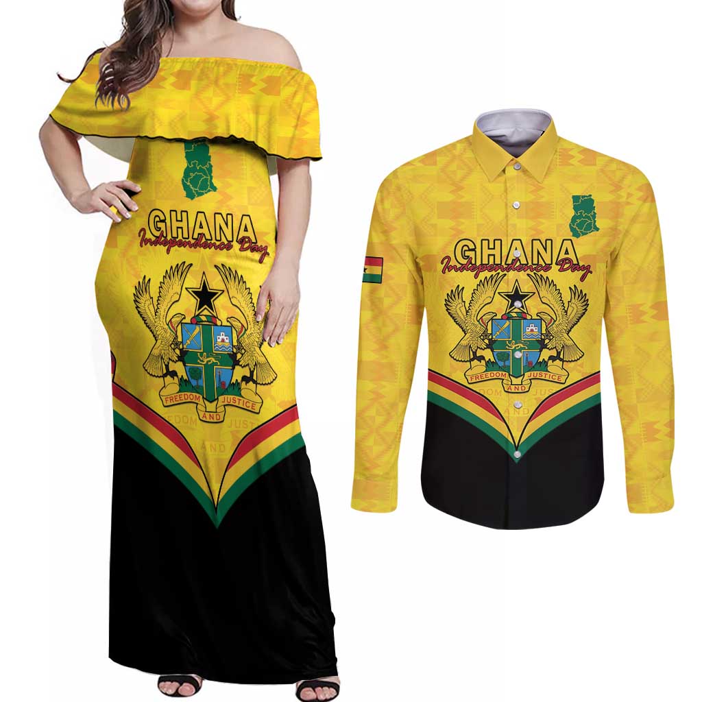 Personalised Ghana Independence Day Couples Matching Off Shoulder Maxi Dress and Long Sleeve Button Shirt Coat Of Arms With Kente Pattern