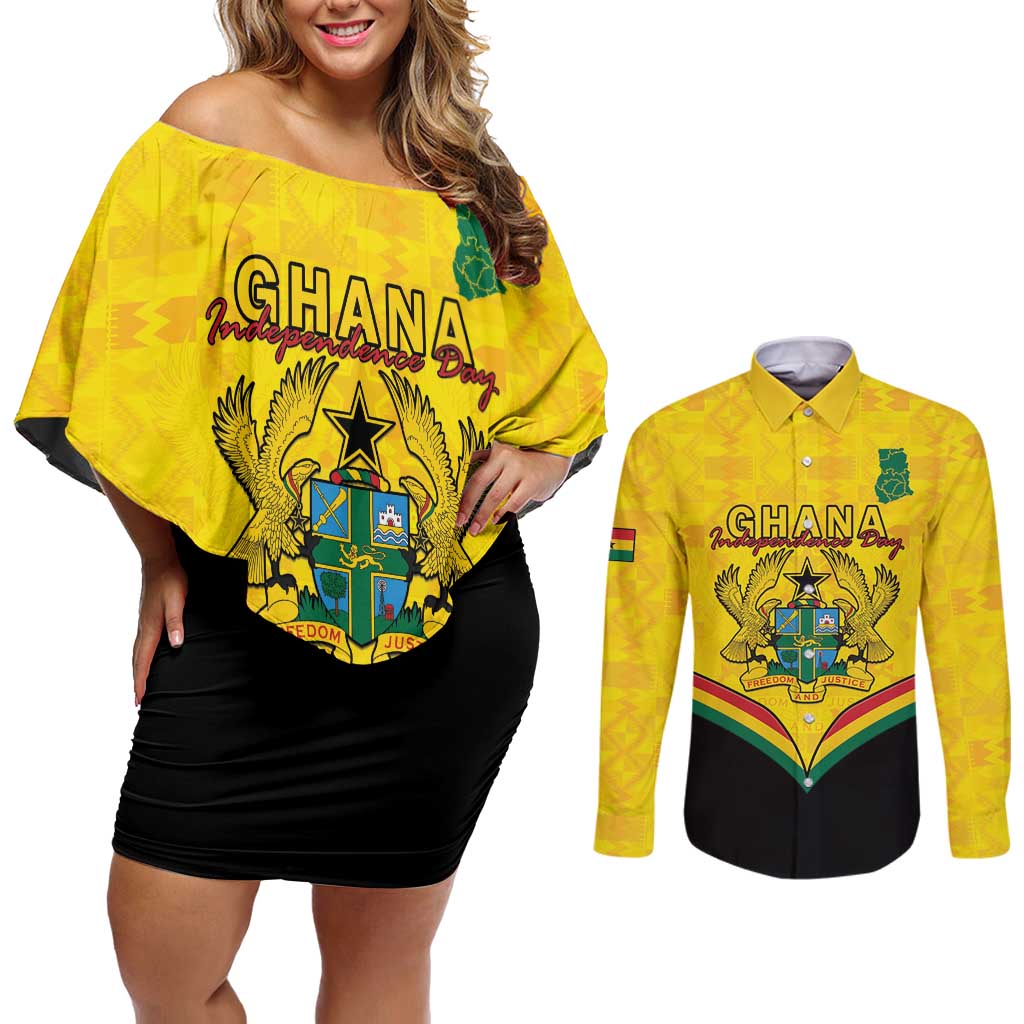 Personalised Ghana Independence Day Couples Matching Off Shoulder Short Dress and Long Sleeve Button Shirt Coat Of Arms With Kente Pattern