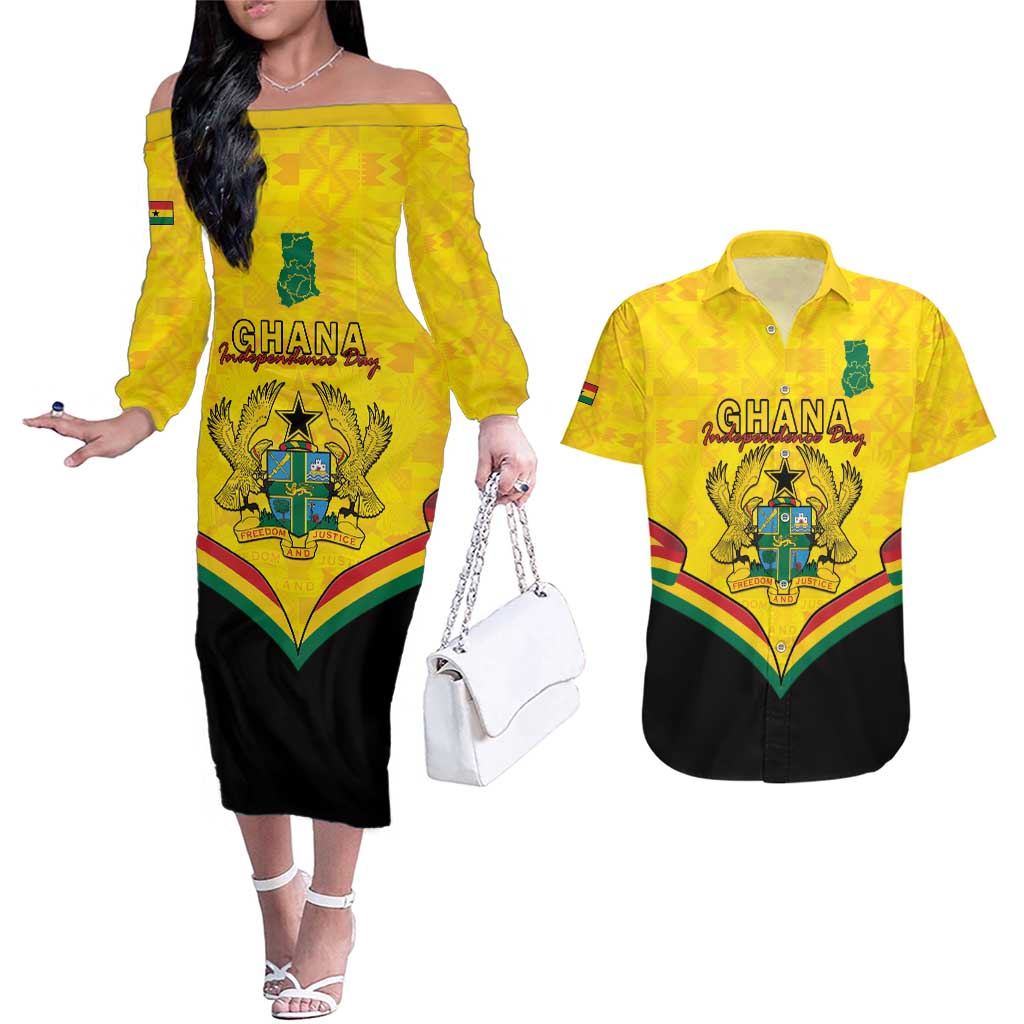 Personalised Ghana Independence Day Couples Matching Off The Shoulder Long Sleeve Dress and Hawaiian Shirt Coat Of Arms With Kente Pattern