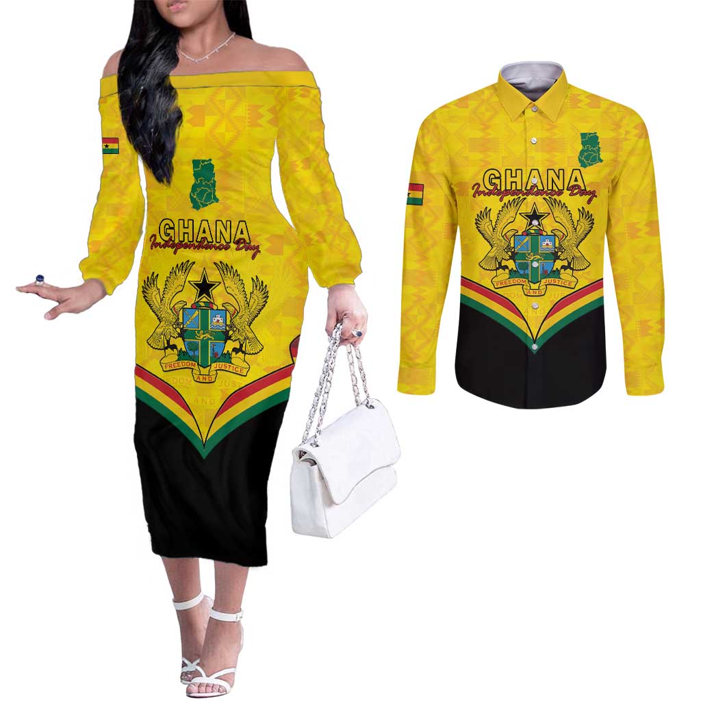 Personalised Ghana Independence Day Couples Matching Off The Shoulder Long Sleeve Dress and Long Sleeve Button Shirt Coat Of Arms With Kente Pattern