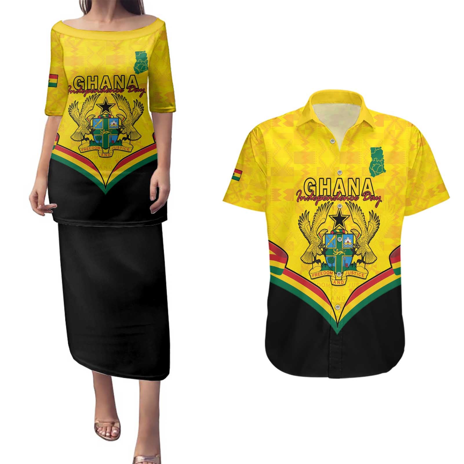 Personalised Ghana Independence Day Couples Matching Puletasi and Hawaiian Shirt Coat Of Arms With Kente Pattern