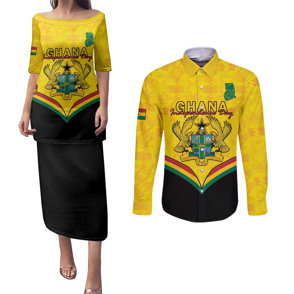 Personalised Ghana Independence Day Couples Matching Puletasi and Long Sleeve Button Shirt Coat Of Arms With Kente Pattern