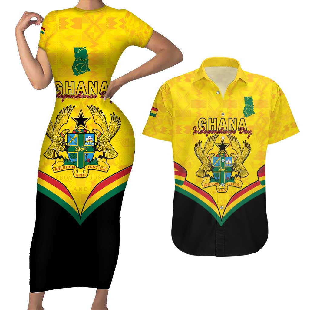 Personalised Ghana Independence Day Couples Matching Short Sleeve Bodycon Dress and Hawaiian Shirt Coat Of Arms With Kente Pattern