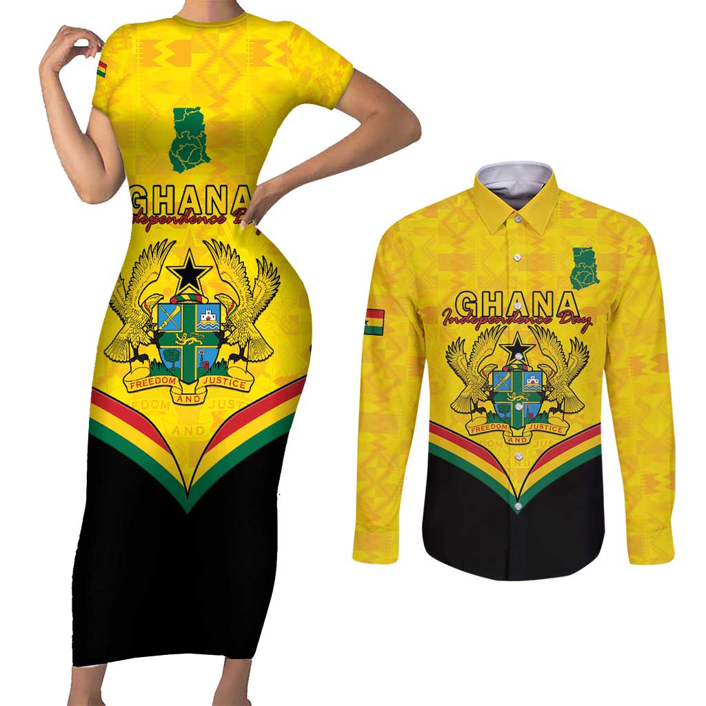 Personalised Ghana Independence Day Couples Matching Short Sleeve Bodycon Dress and Long Sleeve Button Shirt Coat Of Arms With Kente Pattern