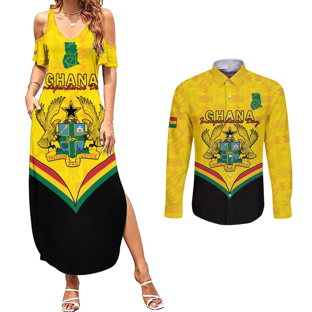 Personalised Ghana Independence Day Couples Matching Summer Maxi Dress and Long Sleeve Button Shirt Coat Of Arms With Kente Pattern