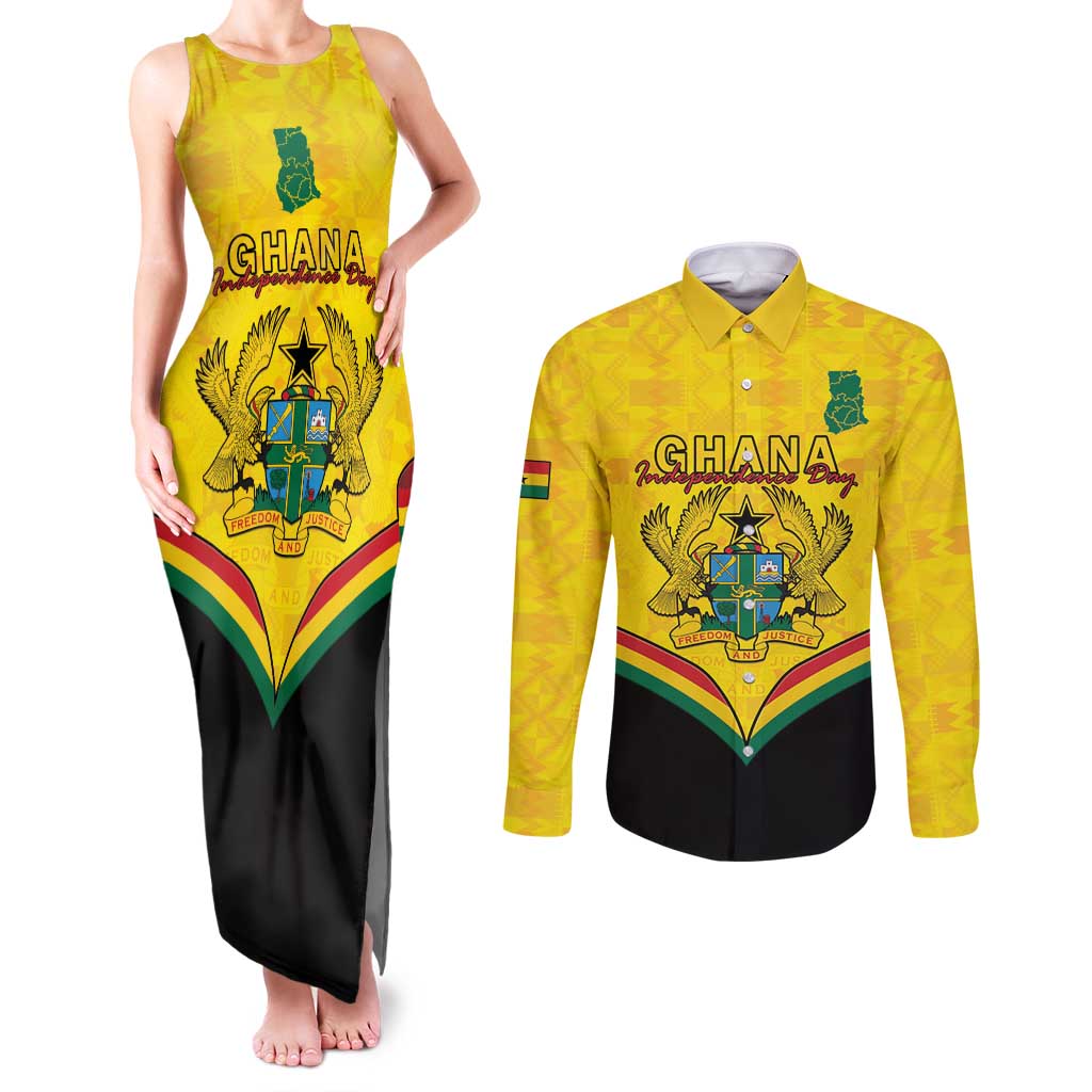 Personalised Ghana Independence Day Couples Matching Tank Maxi Dress and Long Sleeve Button Shirt Coat Of Arms With Kente Pattern