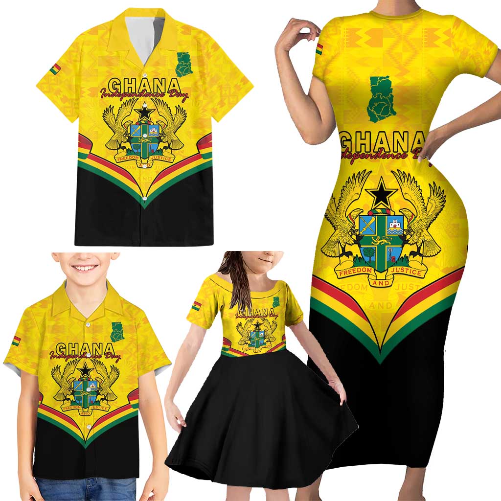 Personalised Ghana Independence Day Family Matching Short Sleeve Bodycon Dress and Hawaiian Shirt Coat Of Arms With Kente Pattern