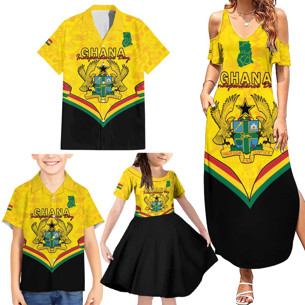 Personalised Ghana Independence Day Family Matching Summer Maxi Dress and Hawaiian Shirt Coat Of Arms With Kente Pattern