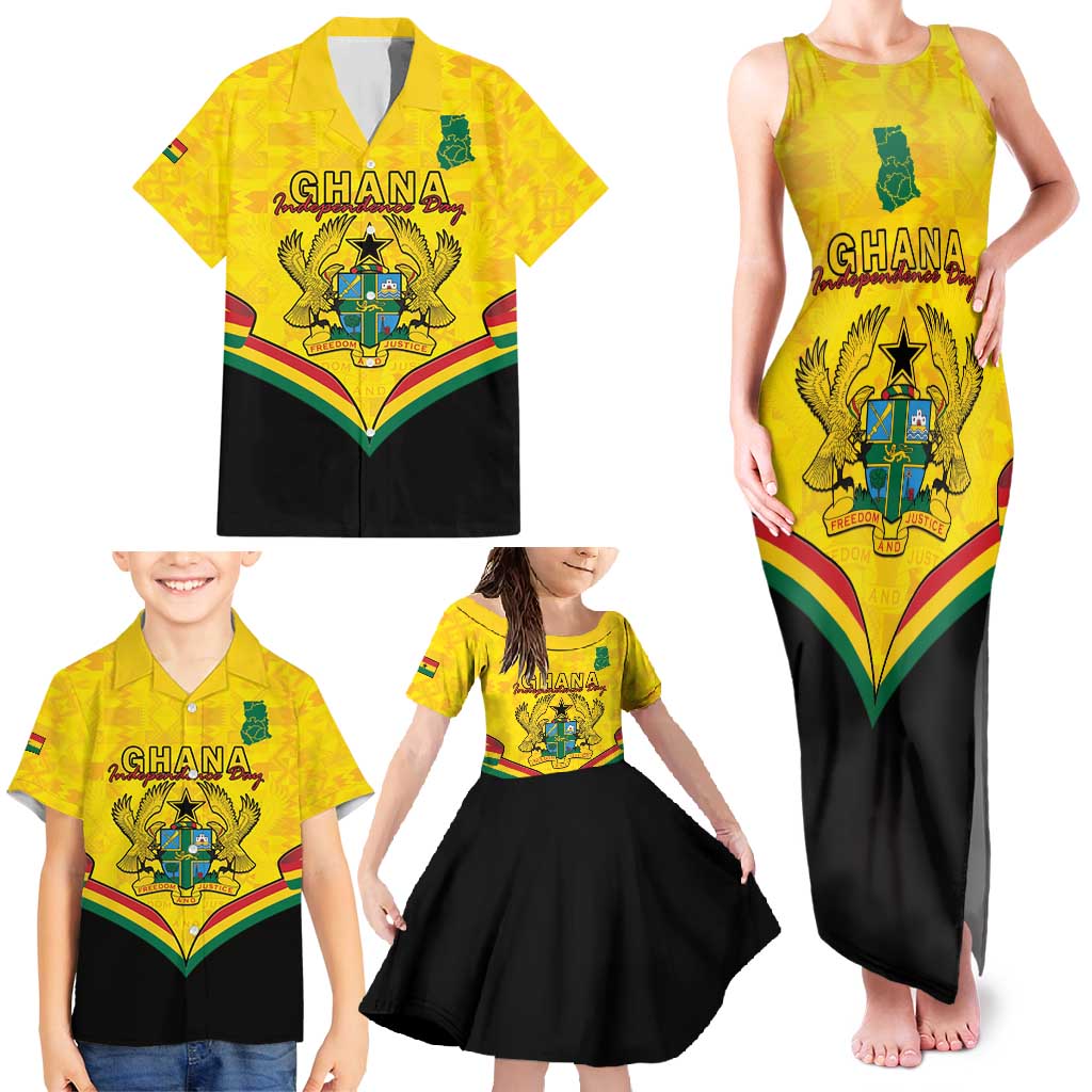 Personalised Ghana Independence Day Family Matching Tank Maxi Dress and Hawaiian Shirt Coat Of Arms With Kente Pattern