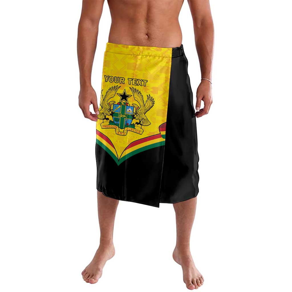 Personalized black wrap skirt with yellow Ghana coat of arms and kente pattern panel