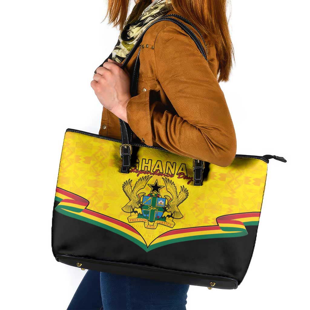 Ghana Independence Day Leather Tote Bag Coat Of Arms With Kente Pattern