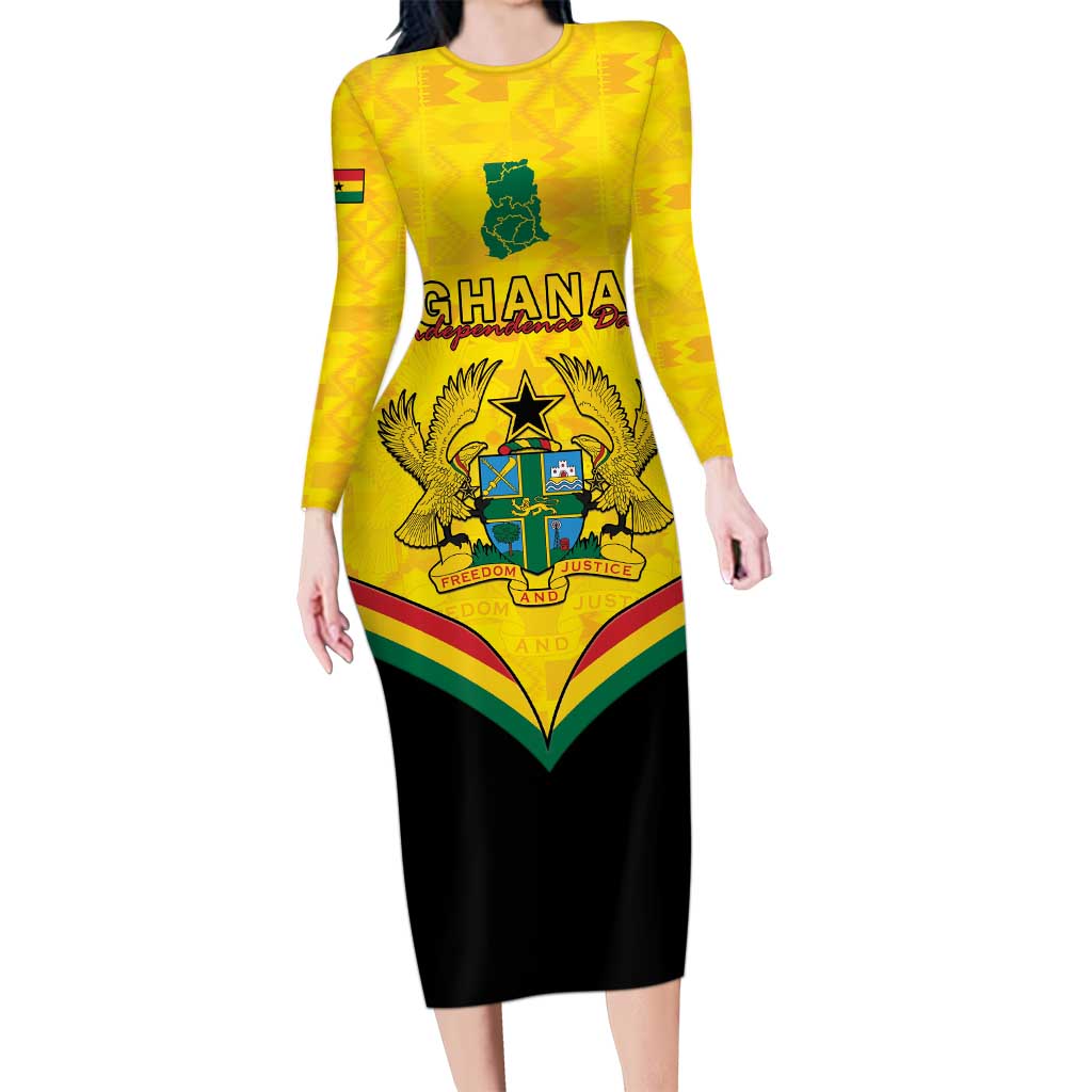 Personalised Ghana Independence Day Long Sleeve Bodycon Dress Coat Of Arms With Kente Pattern