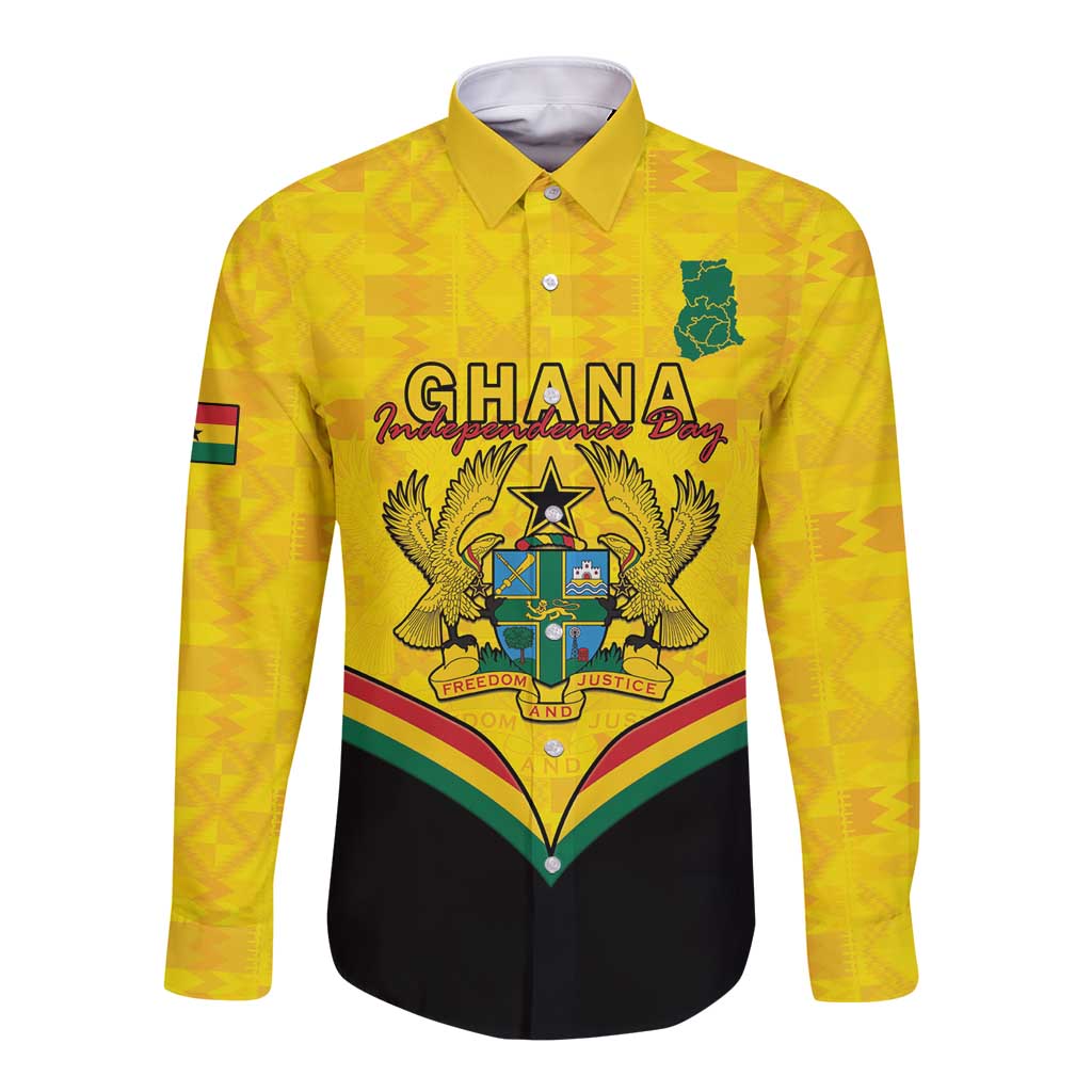 Yellow long-sleeve button shirt with Ghana coat of arms and kente-style pattern
