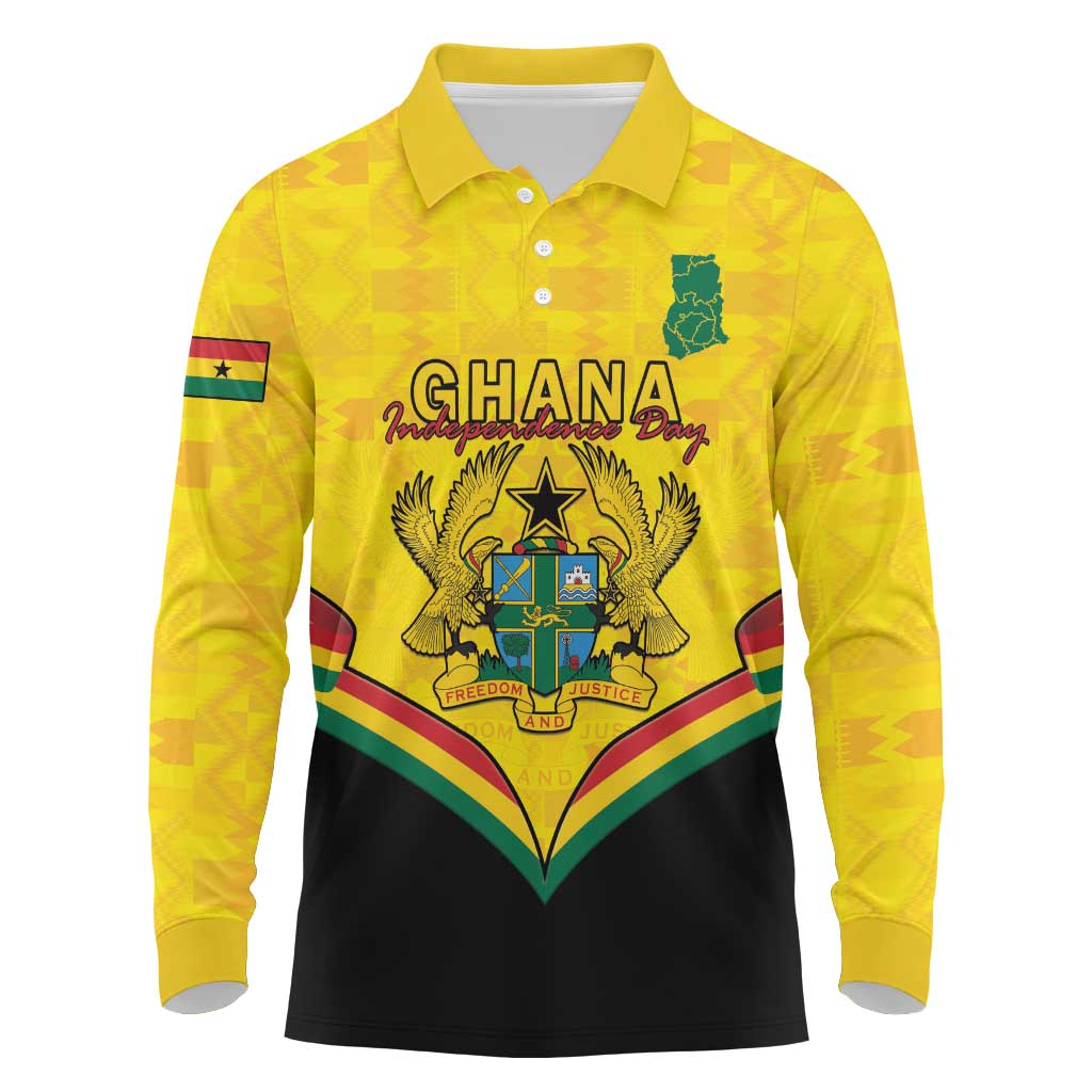 Personalised Ghana Independence Day Long Sleeve Polo Shirt Coat Of Arms With Kente Pattern