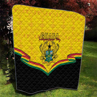 Ghana quilt blanket with yellow quilted fabric, Ghana crest center, multicolor trim on black
