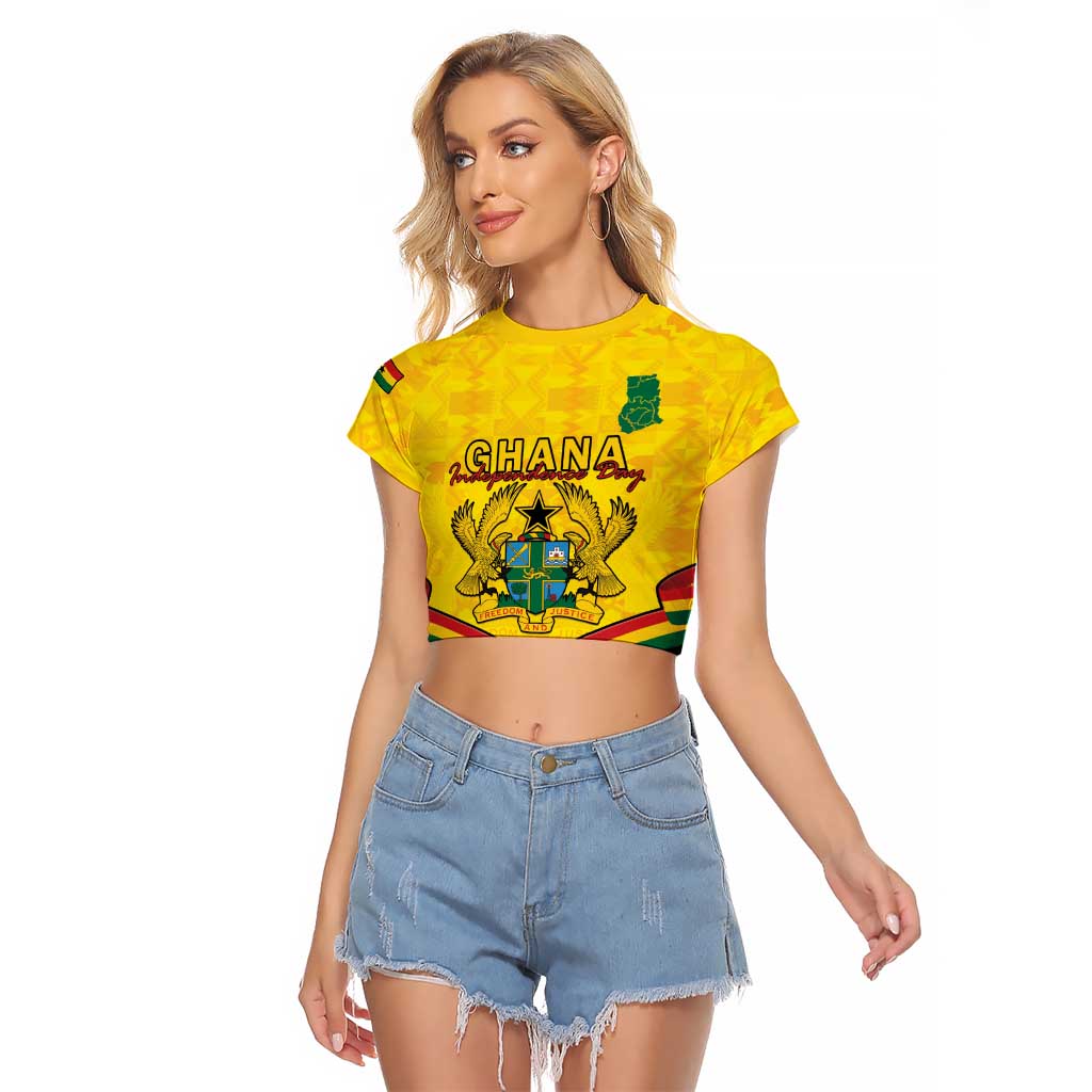 Personalised Ghana Independence Day Raglan Cropped T Shirt Coat Of Arms With Kente Pattern - Wonder Print Shop