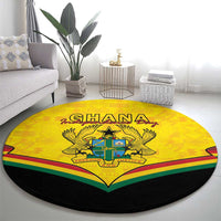 Round Ghana coat of arms carpet with yellow field, multicolor stripe band, and black outer edge