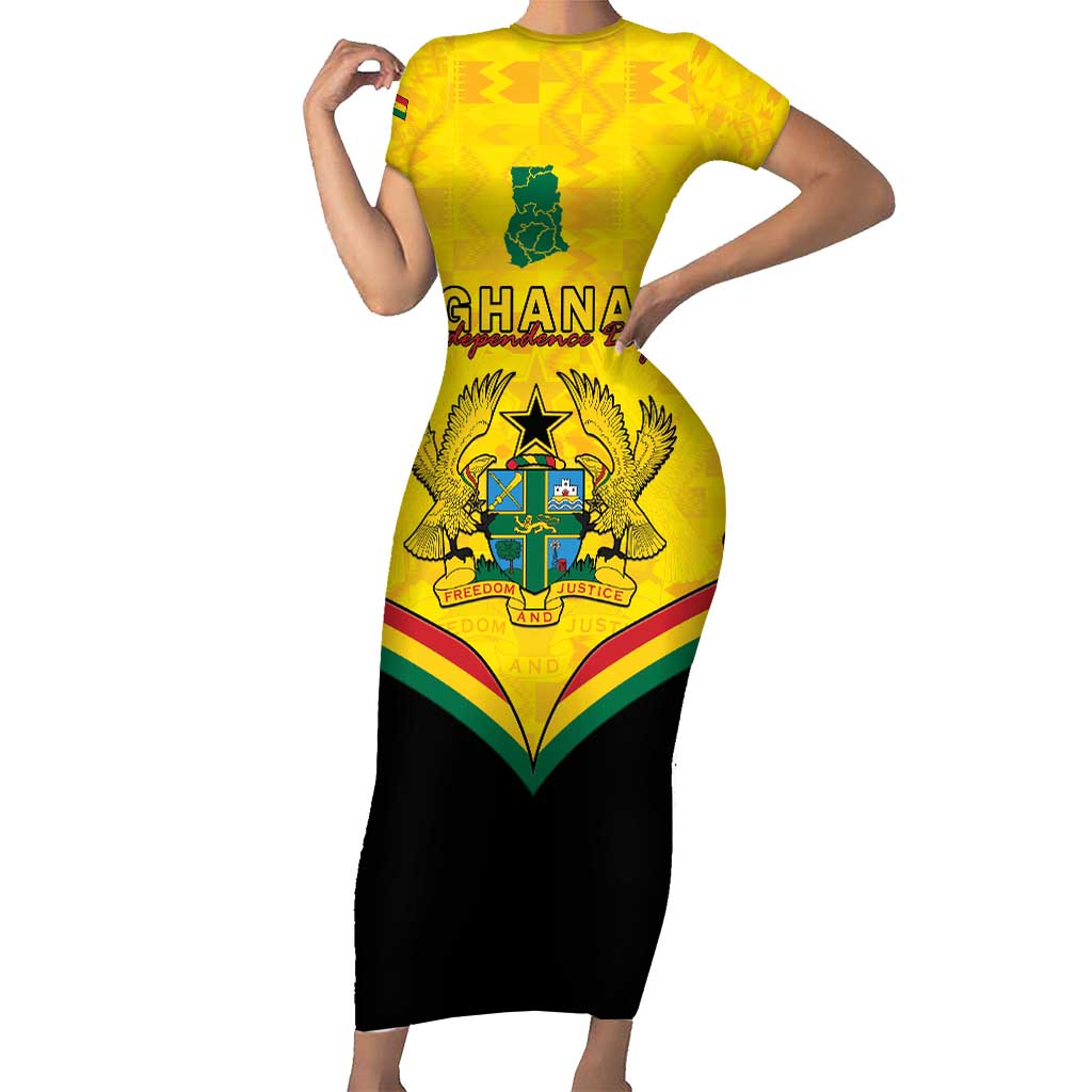 Personalised Ghana Independence Day Short Sleeve Bodycon Dress Coat Of Arms With Kente Pattern - Wonder Print Shop