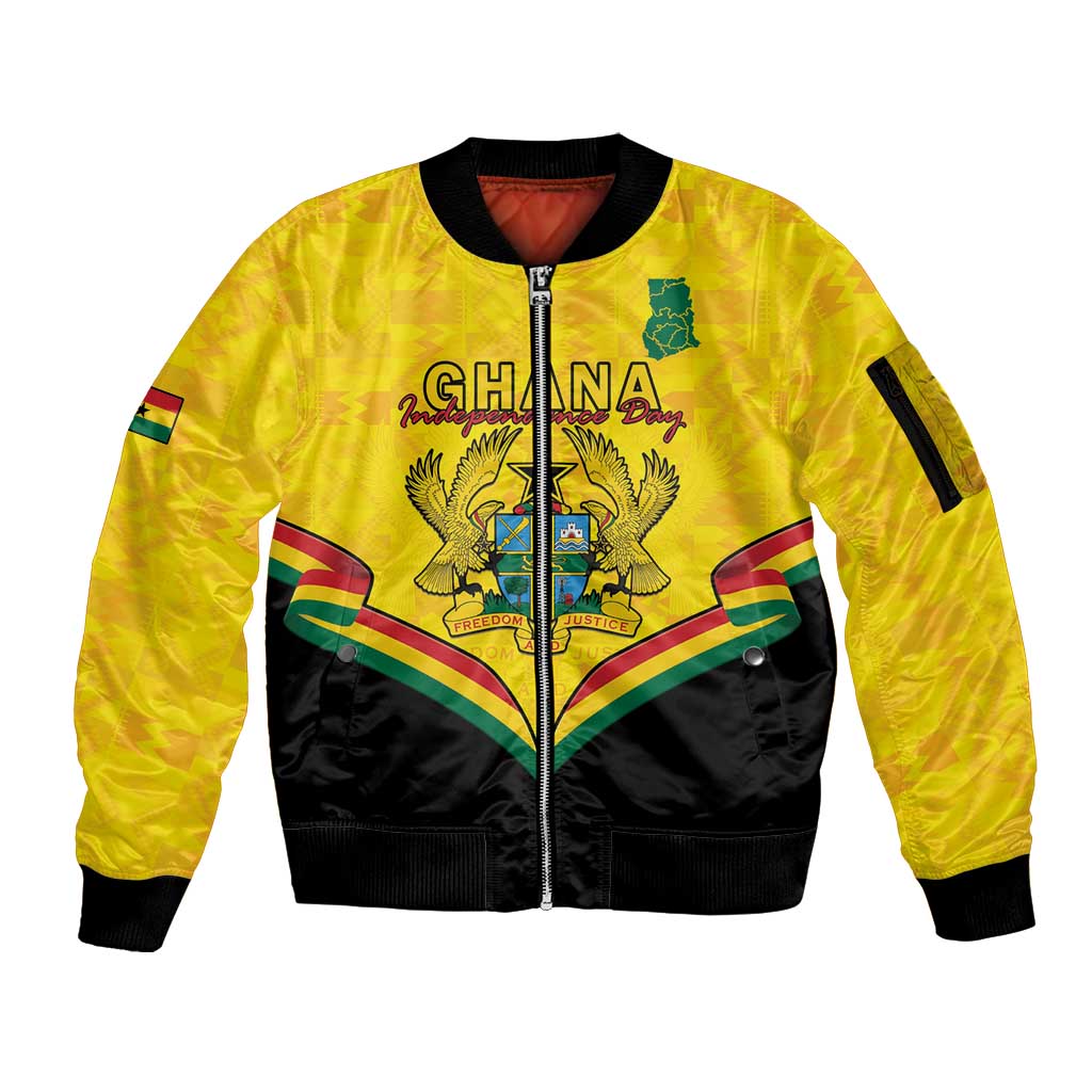 Personalised Ghana Independence Day Sleeve Zip Bomber Jacket Coat Of Arms With Kente Pattern - Wonder Print Shop