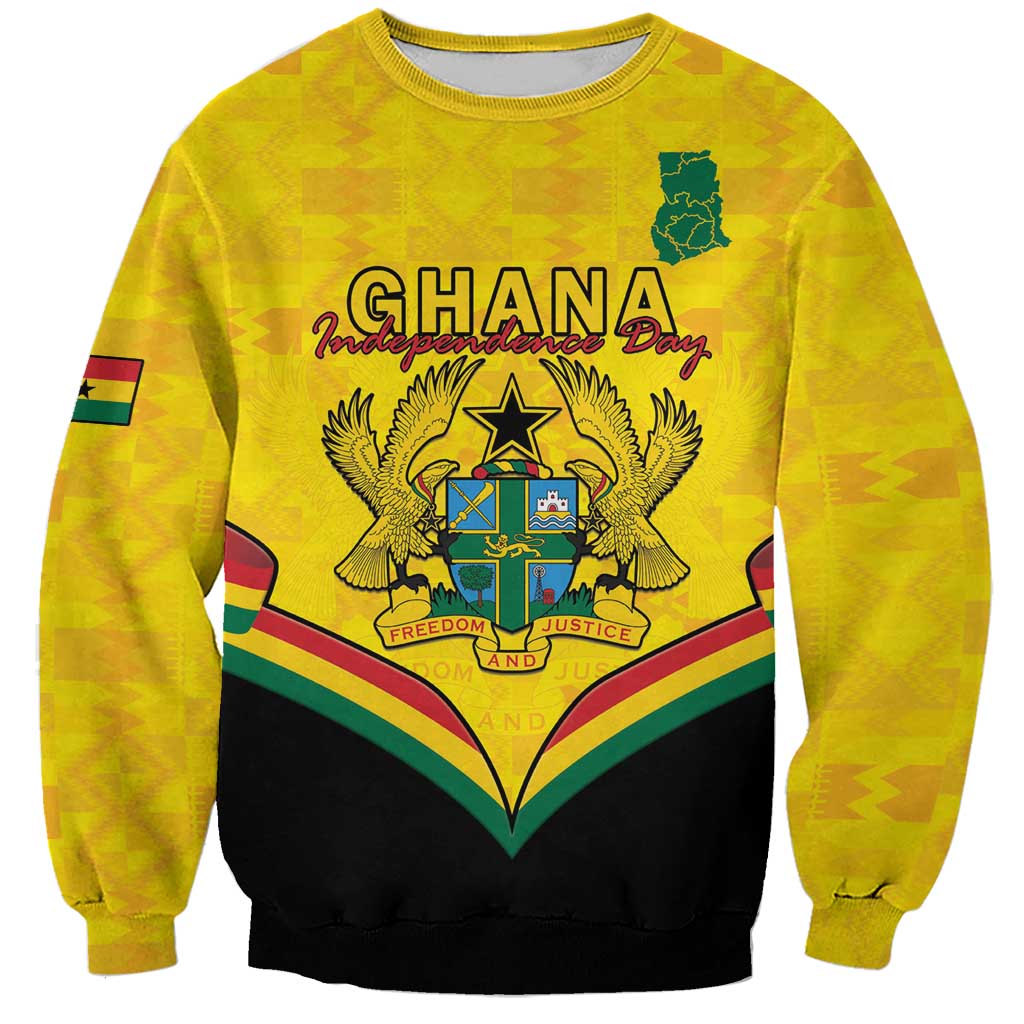 Yellow crewneck sweatshirt with kente pattern and Ghana coat of arms graphic, long sleeves