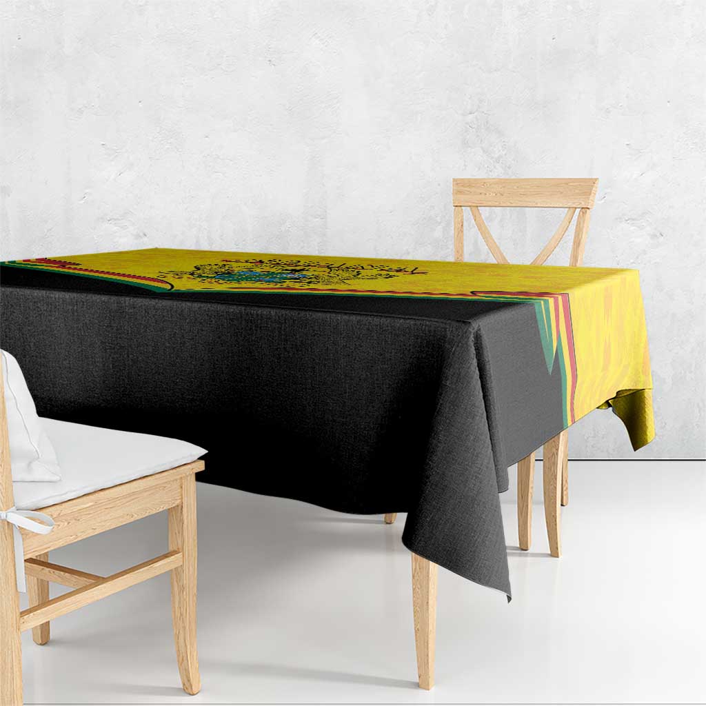 Ghana independence tablecloth corner showing black drape and yellow Kente-style edge