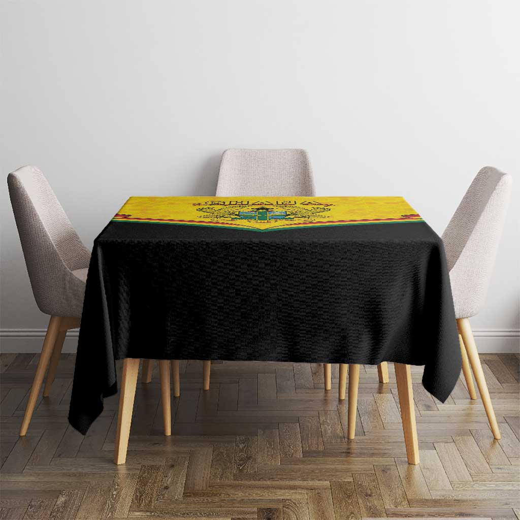 Ghana independence tablecloth on square table with black fabric and yellow Coat of Arms panel