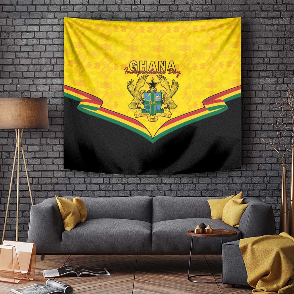 Yellow and black tapestry wall hanging featuring the Ghana coat of arms and multi-color ribbon.