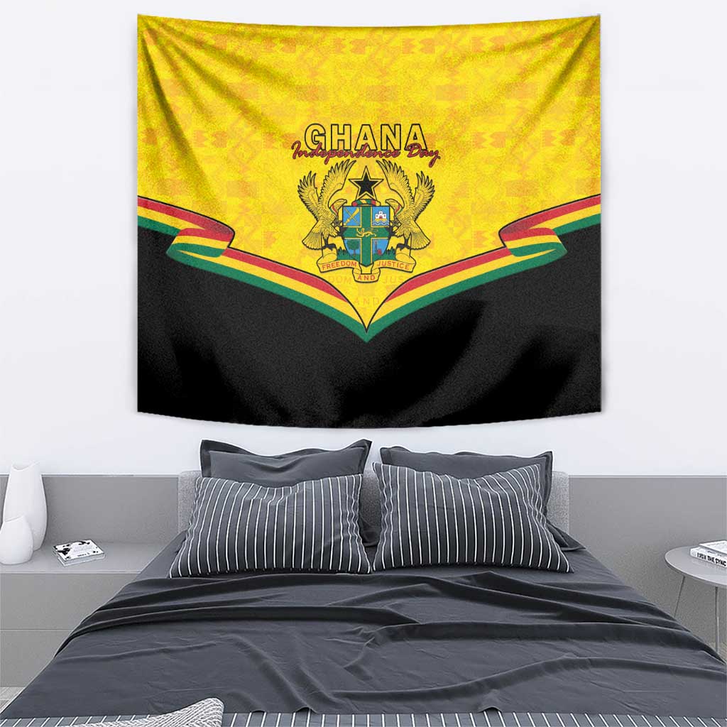 Yellow and black wall tapestry with Ghana coat of arms emblem and Kente ribbon details.