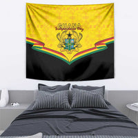 Yellow and black wall tapestry with Ghana coat of arms emblem and Kente ribbon details.