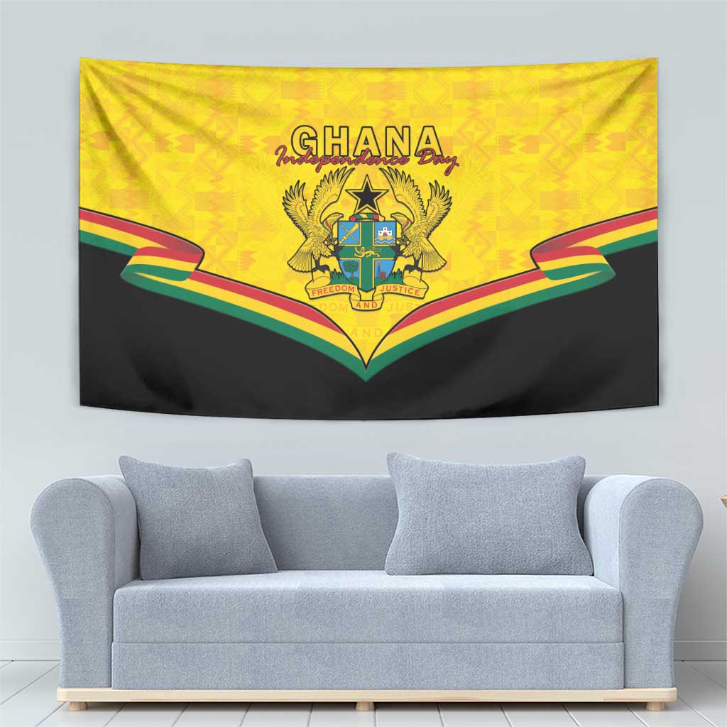 Yellow and black Ghana crest tapestry wall hanging with shield emblem and ribbon banner.