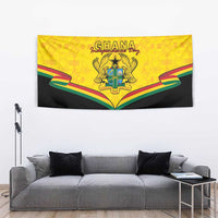 Yellow and black Ghana coat of arms tapestry wall hanging with ribbon and crest centerpiece.