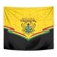 Ghana coat of arms tapestry wall hanging in yellow and black with shield and ribbon accents.