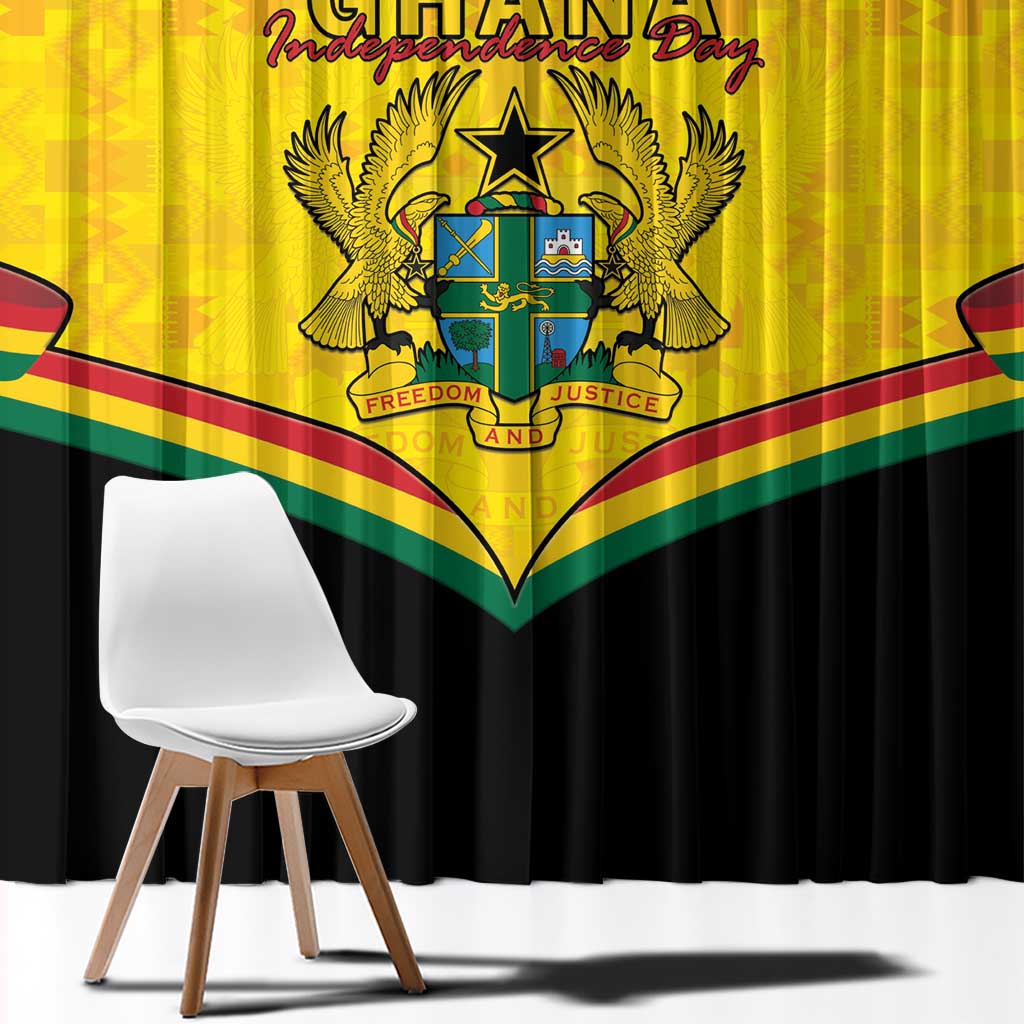 Ghana Independence Day window curtain with yellow coat of arms and Kente pattern