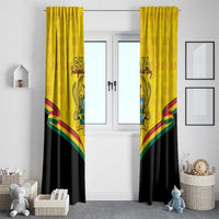Window curtains with Ghana coat of arms design in yellow and black, Kente wave stripes