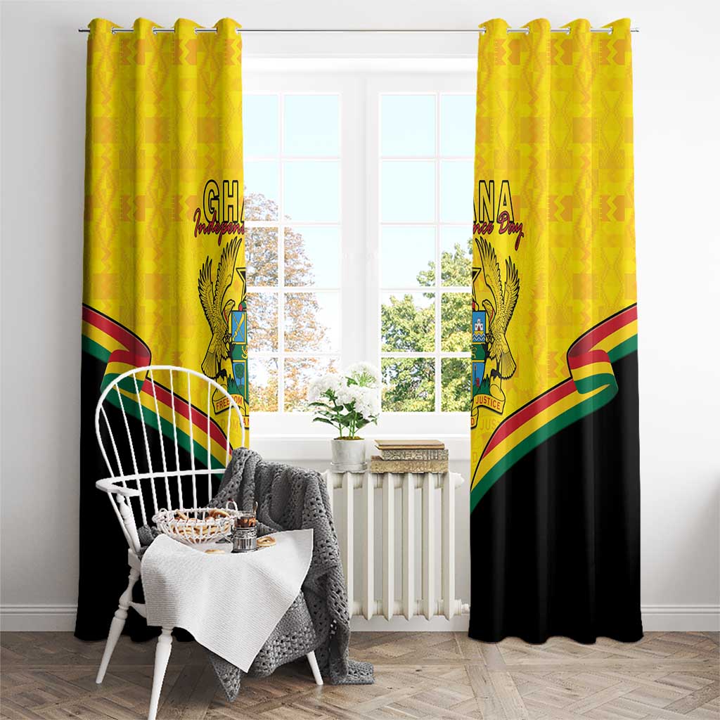 Hanging Ghana Independence Day curtains with yellow coat of arms and diagonal Kente stripes