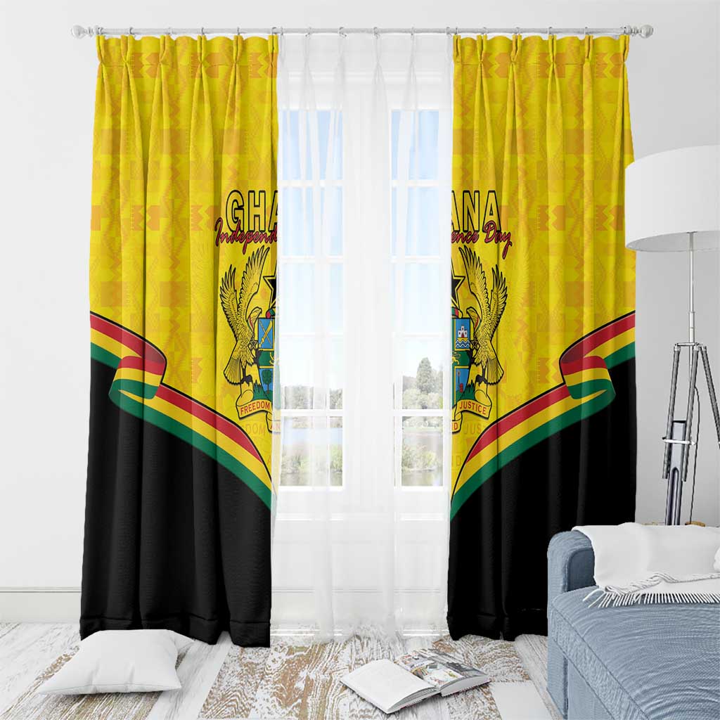 Ghana Independence Day window curtains with coat of arms center and yellow Kente pattern