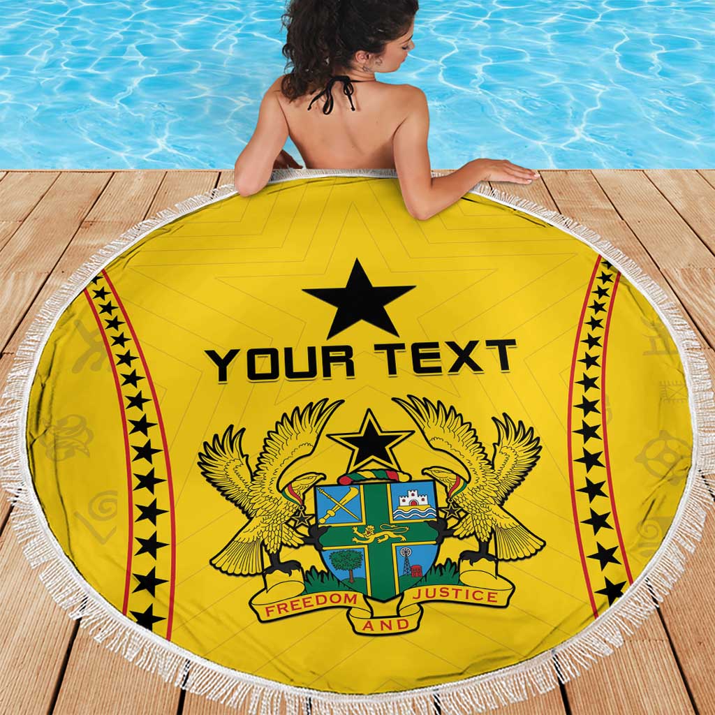 Circular yellow beach blanket featuring central black star, 'YOUR TEXT,' and white fringe border.