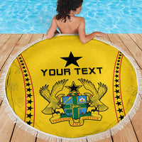 Circular yellow beach blanket featuring central black star, 'YOUR TEXT,' and white fringe border.